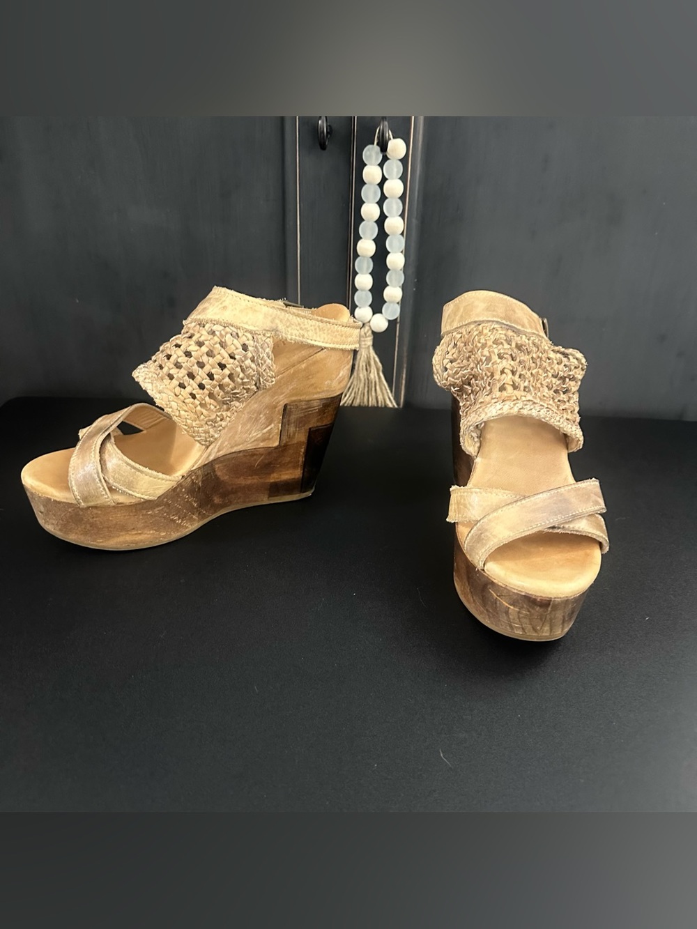 BED|STU Tan Suede Woven Ankle-Strap Wedge Sandals size 8